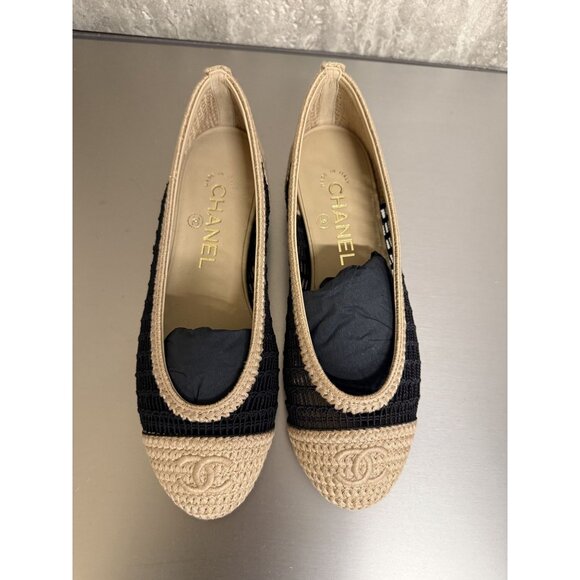 Chanel Womens Black & Beige Espadrille Flats Size 36 Made In Italy With Box - Picture 1 of 9